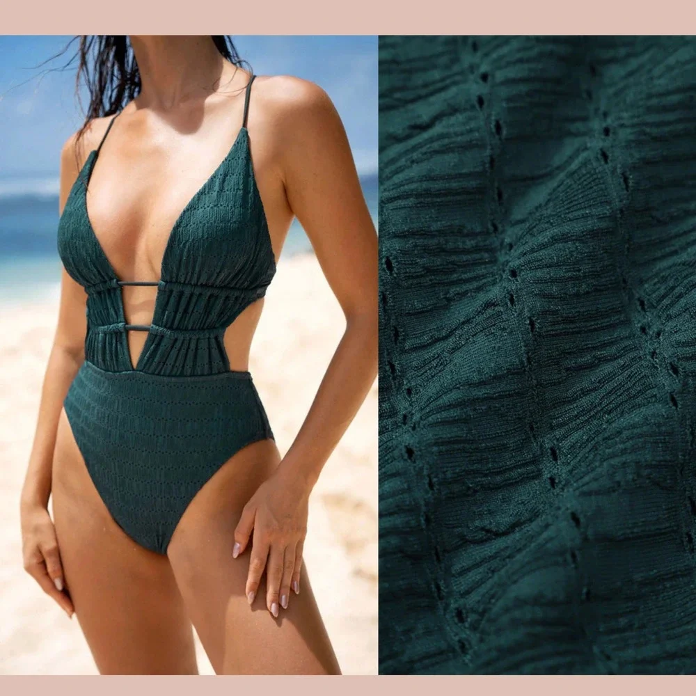 NWT $55 Berlook‎ [ Small ] Dark Green Textured Plunge One-Piece Swimsuit #7077